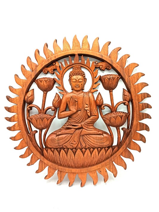 Handcrafted Buddha & Lotus Panel – Suar Wood Wall Art