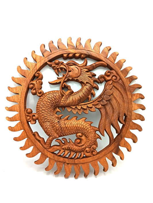 Handcrafted Winged Sun Dragon Plaque – Suar Wood Wall Art